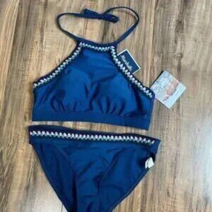 NWT Sunseeker Australia Crochet Trim High Neck Bikini Set – Navy Blue